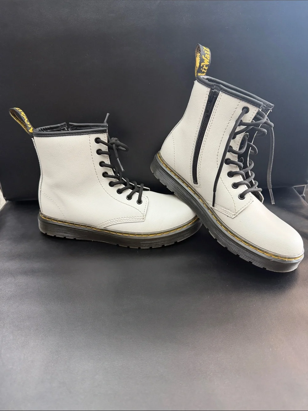 Dr. Martens White Leather Lace-Up Boots with Black Laces and side zipper